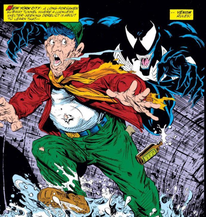 Venom chasing a man through a subway tunnel, saying, “Venom rules!”