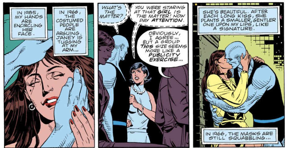 A panel from the Watchmen comic where Doctor Manhattan simultaneously sees experiences he had in 1985 and 1966.