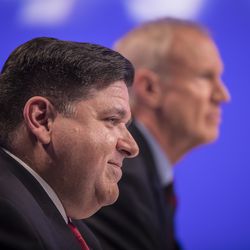 Gov. Bruce Rauner and Democrat J.B. Pritzker met in a debate last Tuesday at the Sun-Times. | Rich Hein/Sun-Times