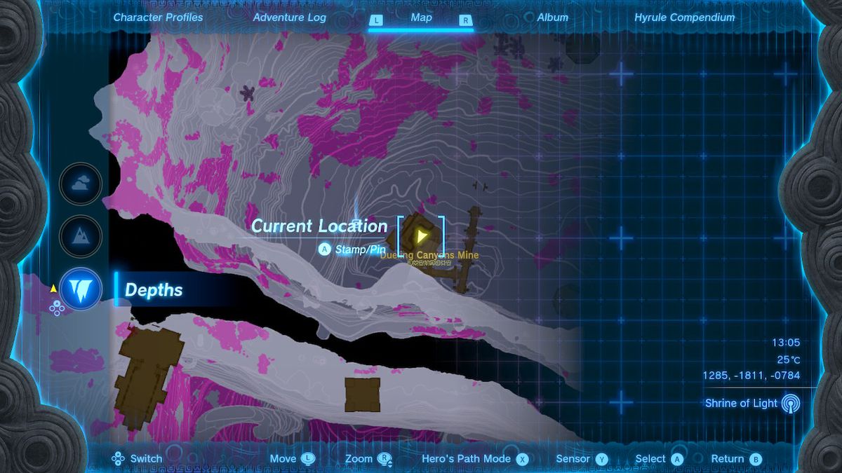 A map shows the location of the Dueling Canyons Mine in the Depths in Zelda Tears of the Kingdom.
