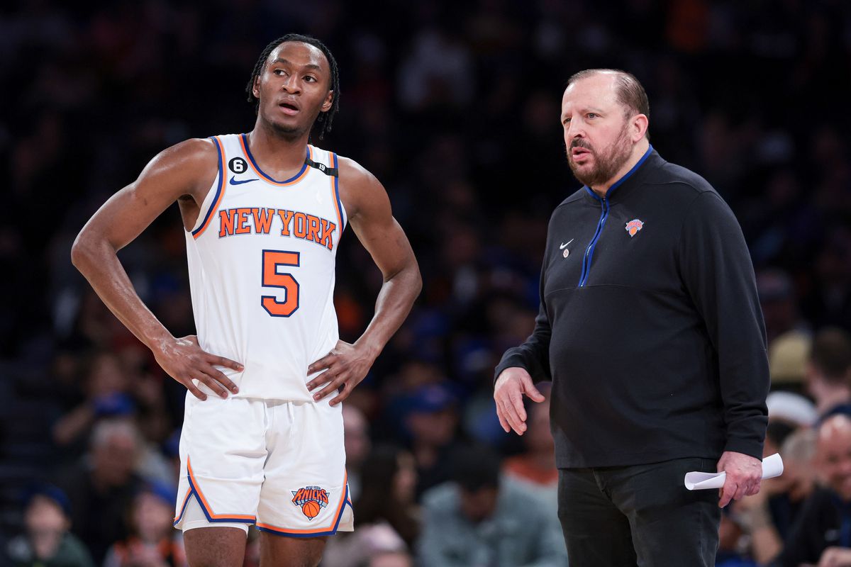 &nbsp;New York Knicks guard Immanuel Quickley (5) talks with head coach Tom Thibodeau during the second half against the Indiana Pacers at Madison Square Garden.
