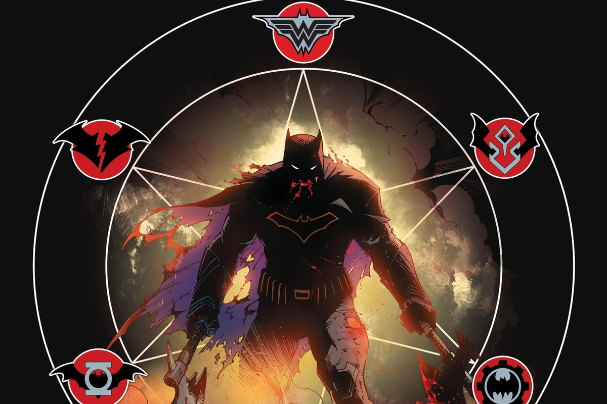 Variant cover of Batman: Metal #1, Batman, bloody and torn, stands menacingly with two axes, ringed by the emblems of the seven Nightmare Batmen. 