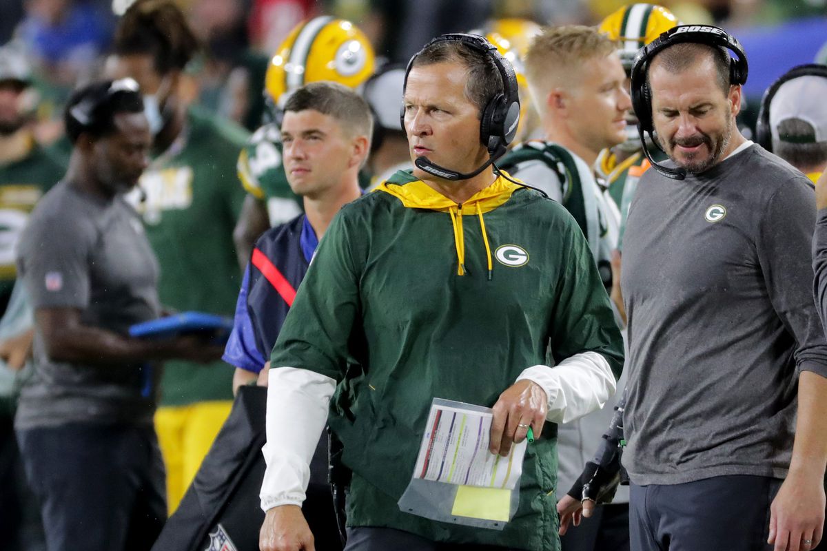 Green Bay Packers defensive coordinator Joe Barry is shown during the fourth quarter of their game Monday, September 20, 2021 at Lambeau Field in Green Bay, Wis.