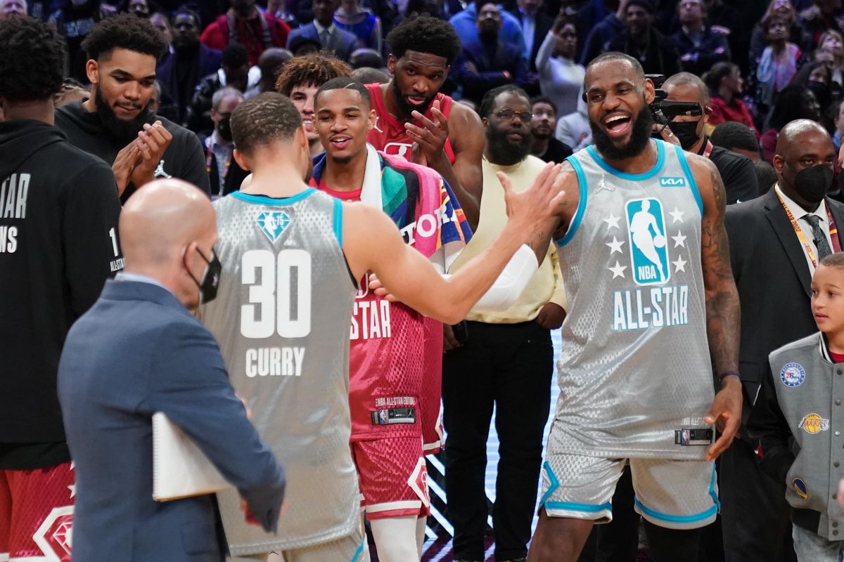 Team LeBron forward LeBron James shakes hands with Team LeBron guard Stephen Curry (30) after the 2022 NBA All-Star Game at Rocket Mortgage FieldHouse.&nbsp;
