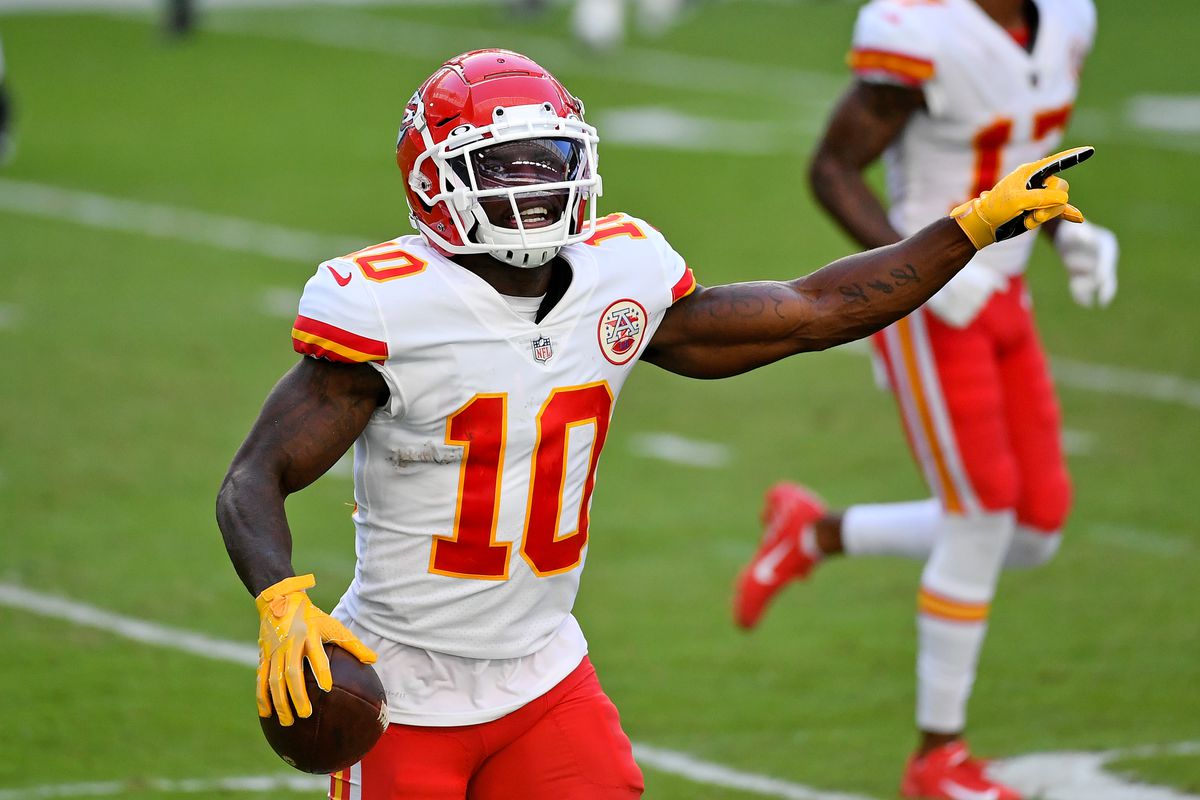 Kansas City Chiefs wide receiver Tyreek Hill (10) celebrates his touchdown against the Miami Dolphins during the second half at Hard Rock Stadium.&nbsp;