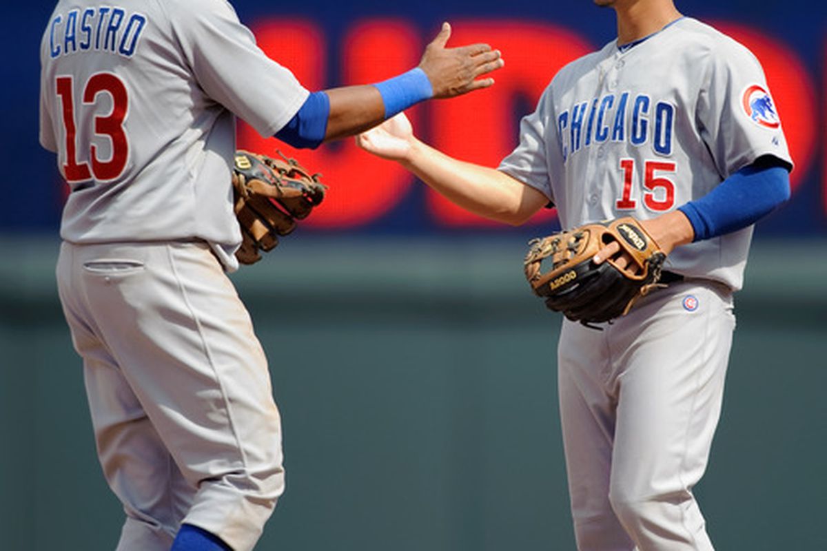 Starlin Castro and Darwin Barney of the Chicago Cubs celebrate a win against the Minnesota Twins at Target Field in Minneapolis, Minnesota. The Cubs defeated the Twins 8-2. (Photo by Hannah Foslien/Getty Images)