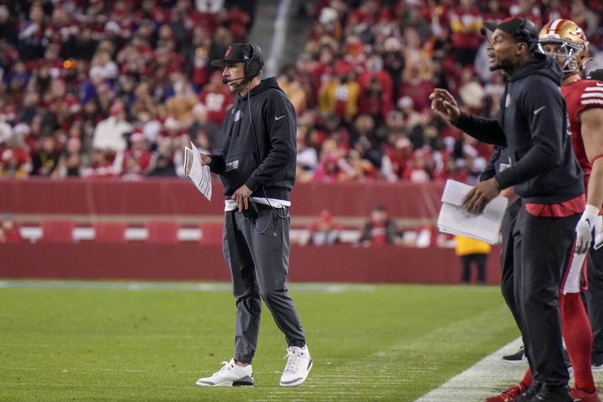 Head coach Kyle Shanahan of the San Francisco 49ers looks on during the fourth quarter against the Baltimore Ravens at Levi’s Stadium on December 25, 2023 in Santa Clara, California.