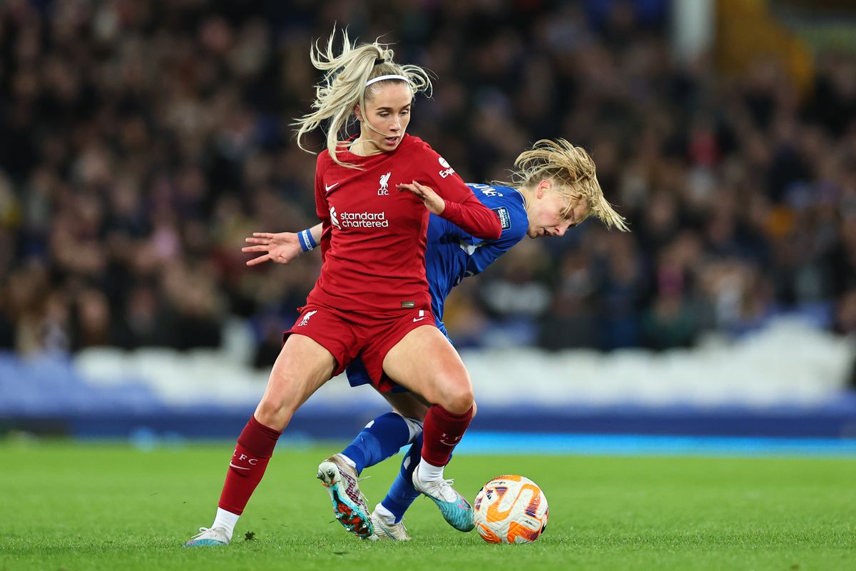 Aggie Beever-Jones of Everton Women and Missy Bo Kearns of Liverpool Women during the FA Women’s Super League match between Everton FC and Liverpool at Goodison Park on March 24, 2023 in Liverpool, United Kingdom.