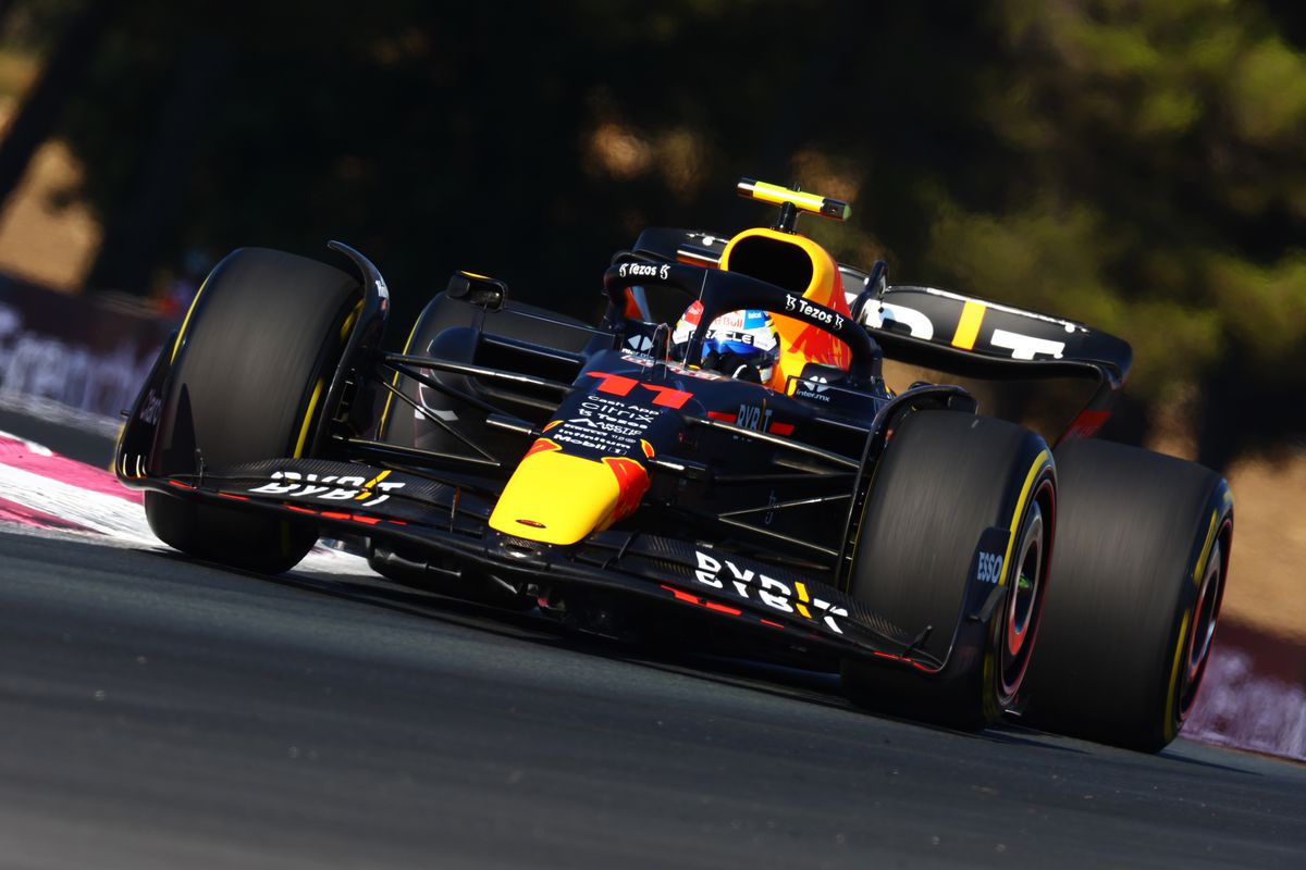 Sergio Perez of Mexico driving the (11) Oracle Red Bull Racing RB18 on track during practice ahead of the F1 Grand Prix of France at Circuit Paul Ricard on July 22, 2022 in Le Castellet, France.