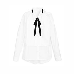 Party on tuxedo shirt in white, $90