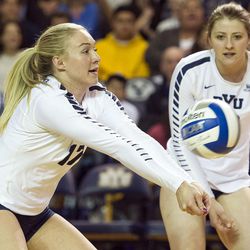 BYU defensive specialist Tristyn Moser passes the ball to her setter during an NCAA volleyball playoff game against UNLV in Provo on Saturday, Dec. 3, 2016. BYU swept UNLV 3-0 to advance to the Sweet 16.