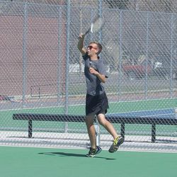 SONY DSC Wasatch's Spencer Willets returns a baseline shot during his number three singles victory on Saturday.