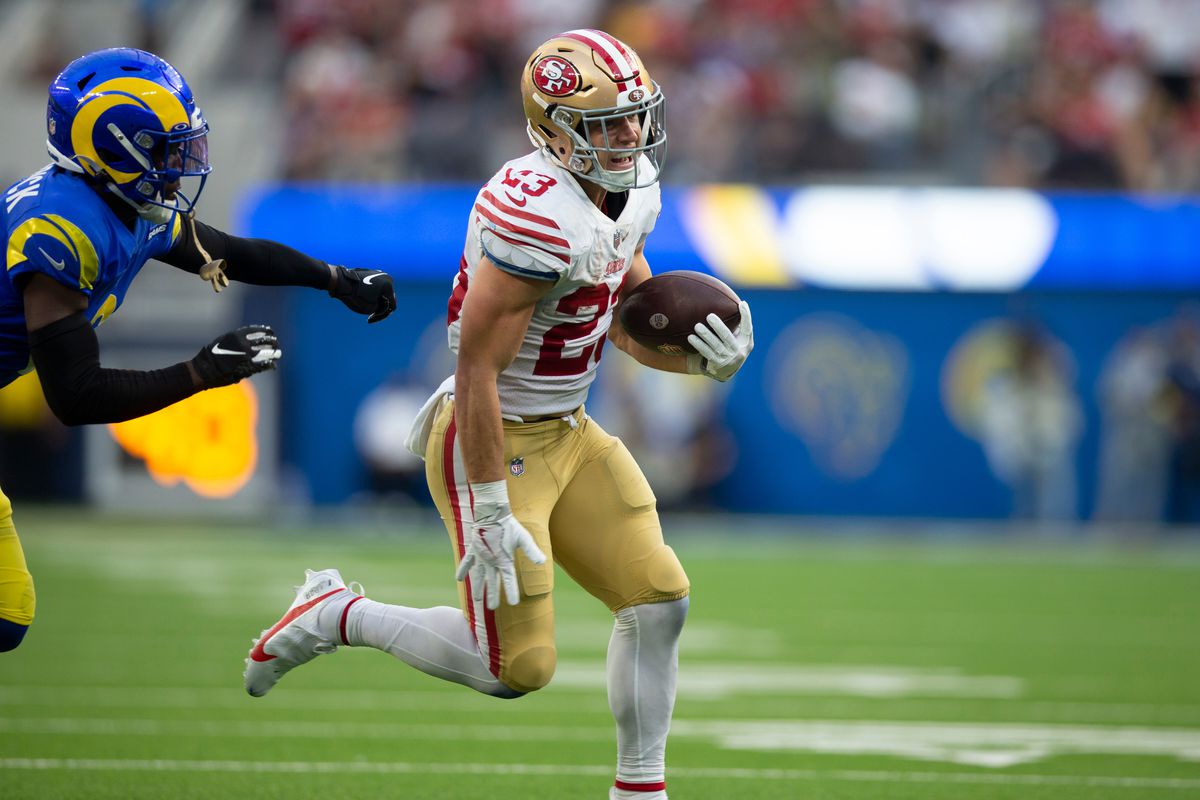 Christian McCaffrey #23 of the San Francisco 49ers rushes during the game against the Los Angeles Rams at SoFi Stadium on October 30, 2022 in Inglewood, California. The 49ers defeated the Rams 31-14.