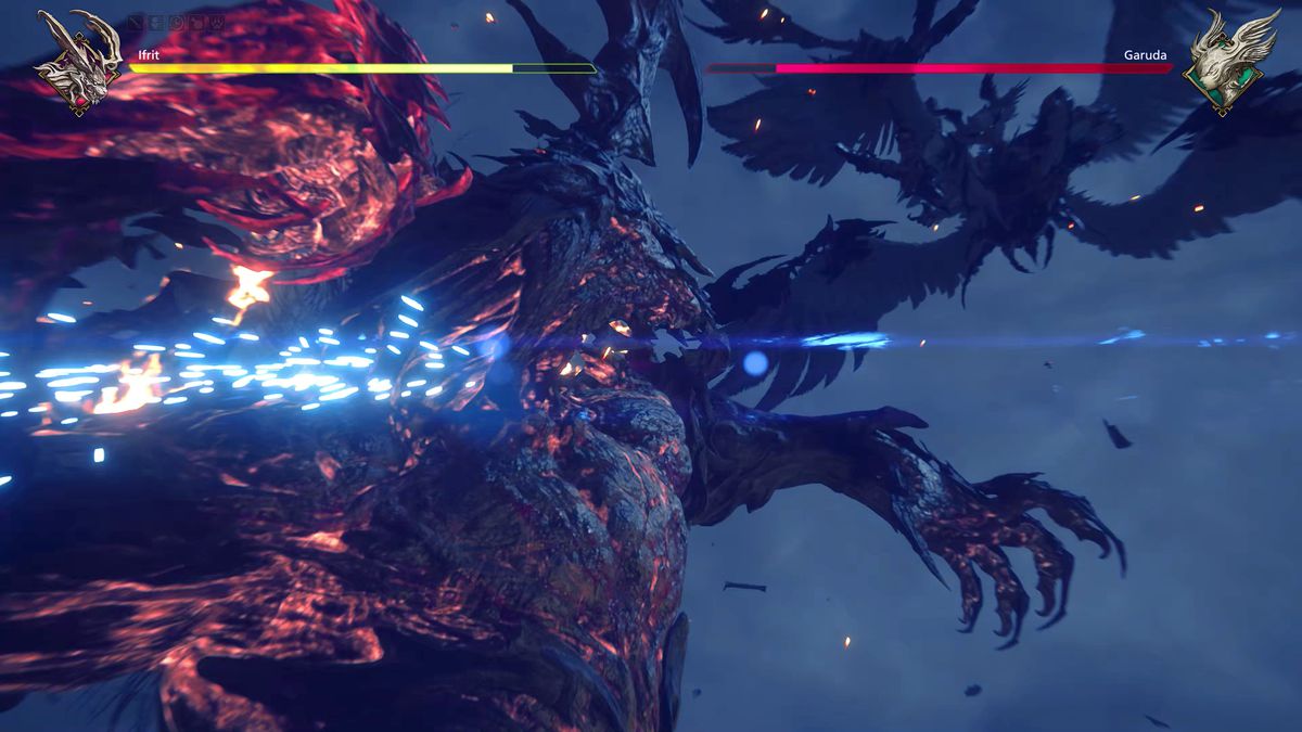Eikon Ifrit turns to throw a fireball at the flying Garuda during the Eikon Clash battle from Final Fantasy 16