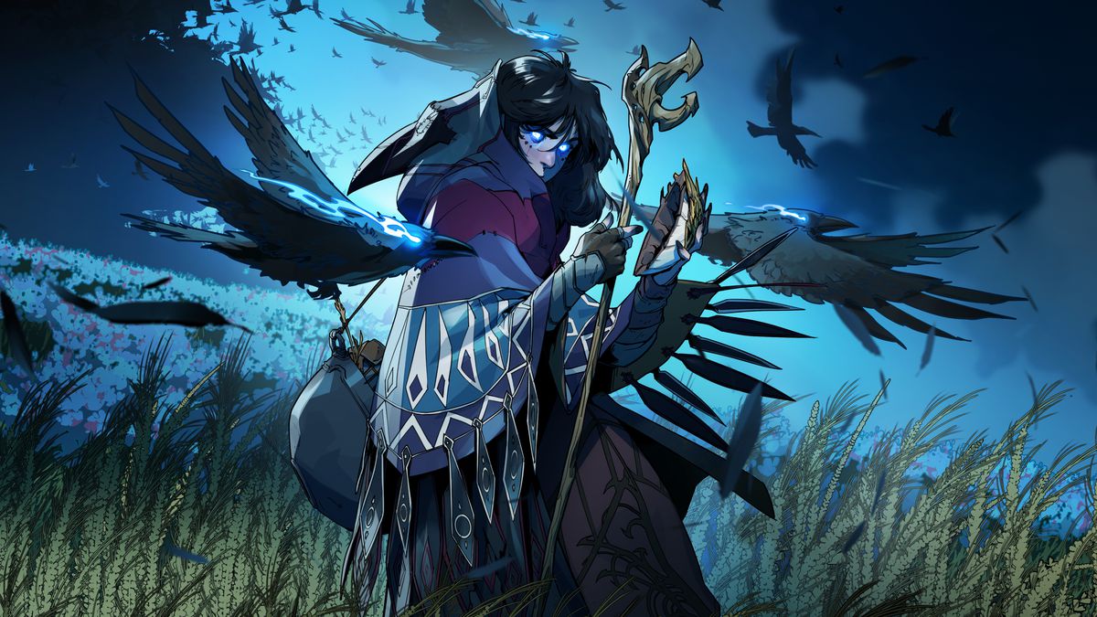 A thaumaturge — a powerful magic user in the world of Legend in the Mist — stands in a field surroujnded by spectral crows. It is night, and their eyes are glowing blue.