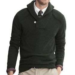 <strong>Banana Republic</strong> Merino Wool Buttoned Shawl Collar Pullover in Army Green, <a href="http://bananarepublic.gap.com/browse/product.do?pid=685844&locale=en_US&kwid=1&sem=false&sdReferer=http%3A%2F%2Fwww.google.com%2Furl%3Fsa%3Dt%26rct%3Dj%26q