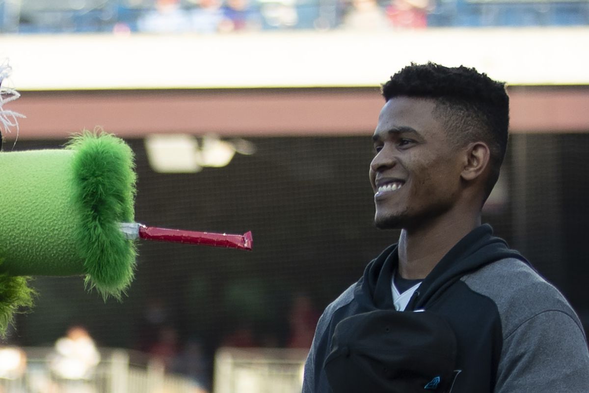 The Phillie Phanatic jokes around with Magneuris Sierra #34 of the Miami Marlins prior to the game against the Philadelphia Phillies at Citizens Bank Park