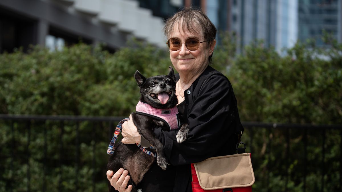 A woman with a red bag and a small dog.