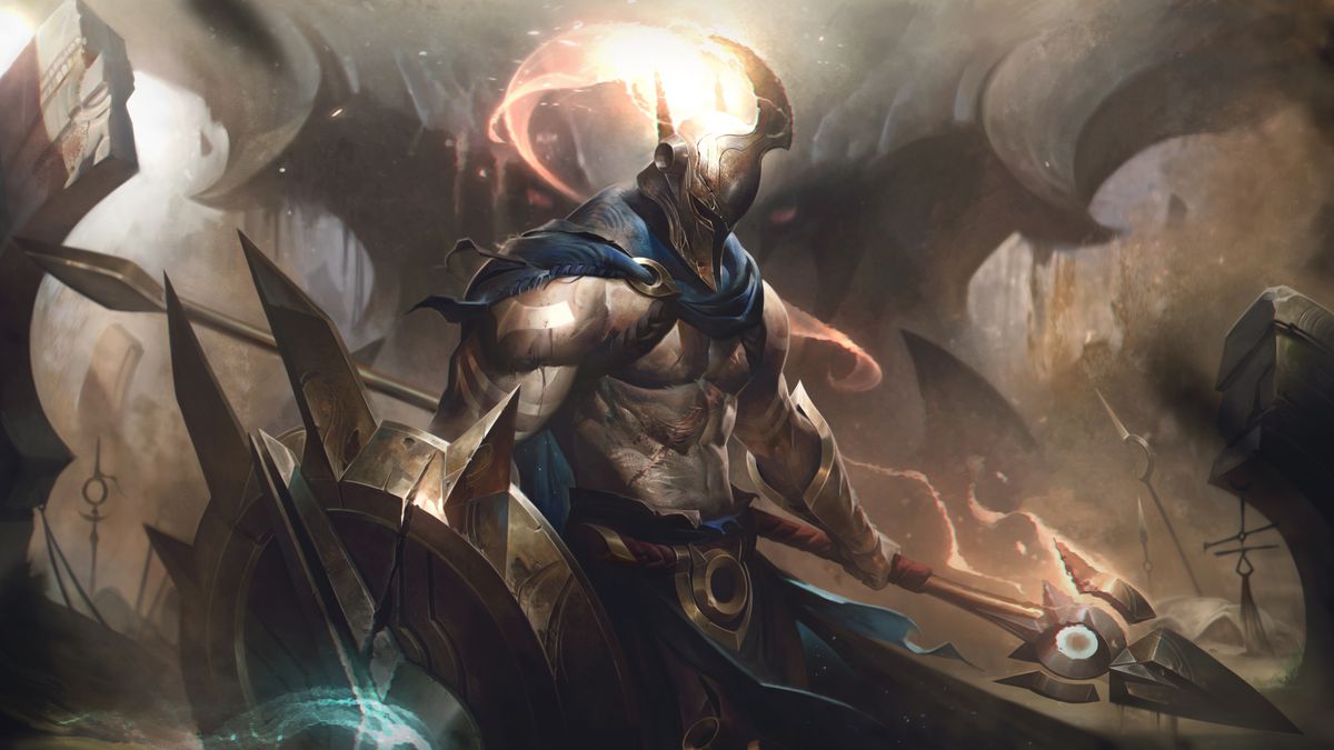 Pantheon’s base splash art, where he’s shimmering and glowing in front of a menacing Aatrox in the background