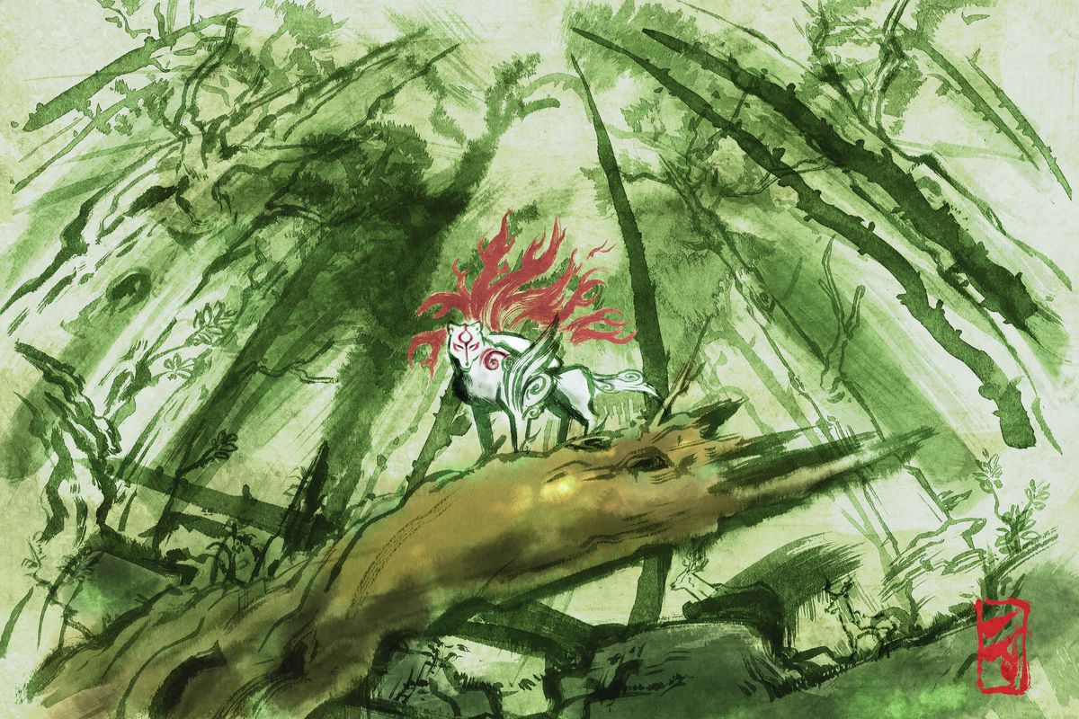 Okami wolf on fire over green background