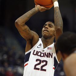 UConn's Terry Larrier (22) shoots a free throw during the Monmouth Hawks vs UConn Huskies men's college basketball game at the XL Center in Hartford, CT on December 2, 2017.