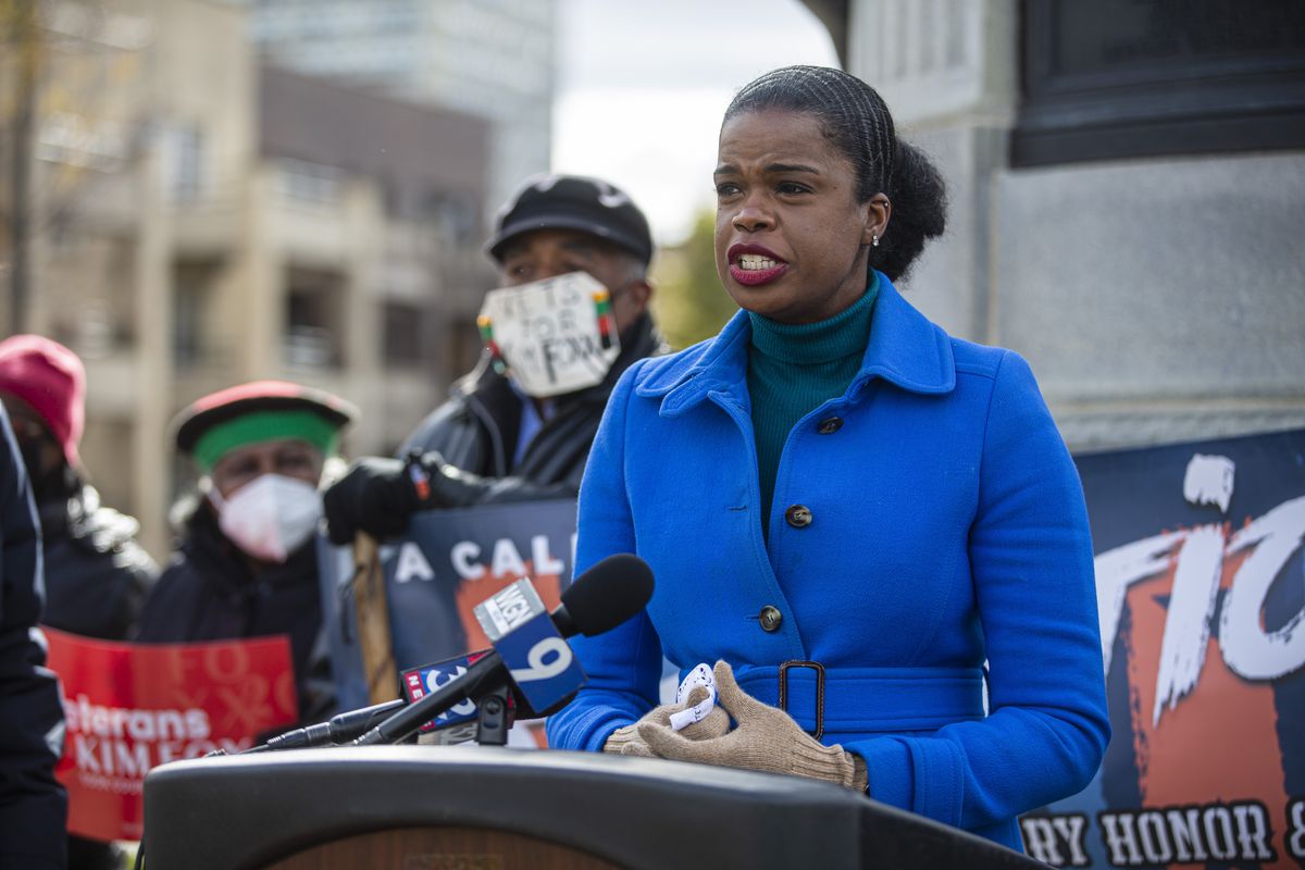 Cook County State’s Attorney Kim Foxx speaks about the need to vote and the support of veterans at the Victory Monument at 3500 S.  Martin Luther King Dr. in Bronzeville on Sunday, Nov. 1, 2020.