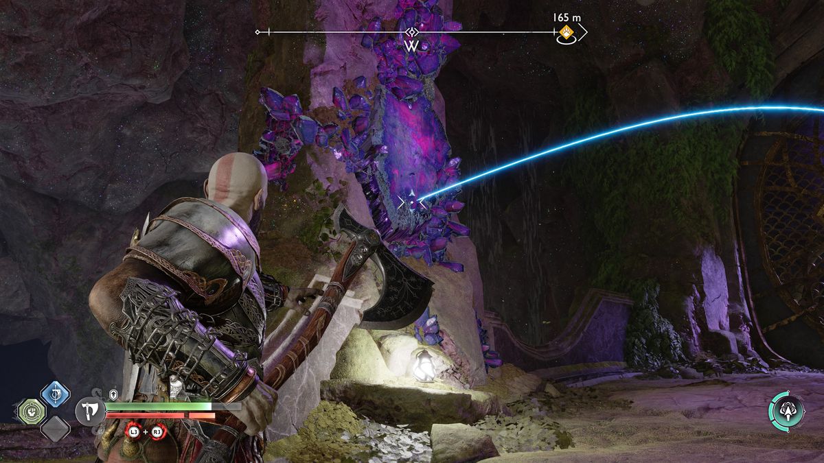 Kratos aims his axe at a purple crystal in God of War Ragnarok