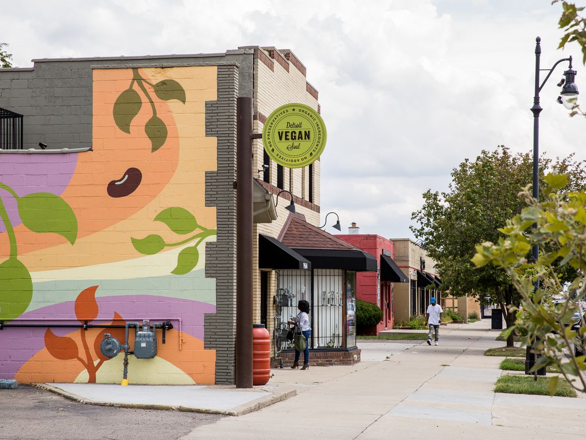 The colorful painted exterior of Detroit Vegan Soul in Grandmont Rosedale.