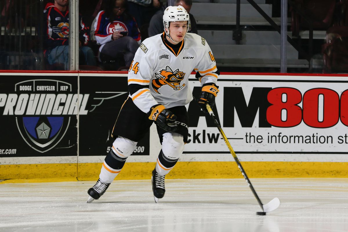 Forward Jacob Perreault #44 of the Sarnia Sting skates prior to a game against the Windsor Spitfires at the WFCU Centre on February 18, 2020 in Windsor, Ontario, Canada.
