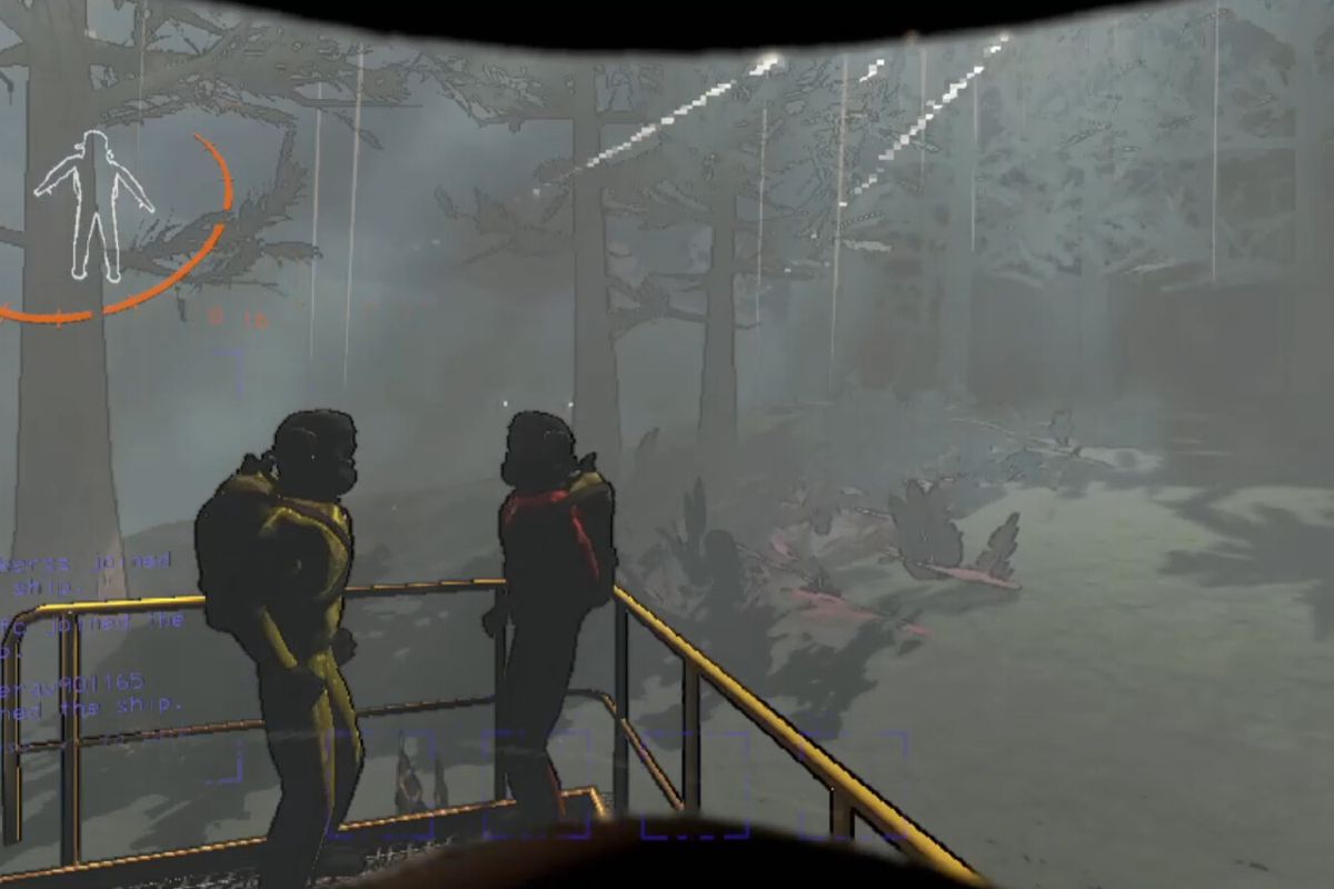 Two workers, each wearing full body protective suits, stand on the surface of a stark and slightly wooded alien moon depicted in low-poly graphics in Lethal Company.