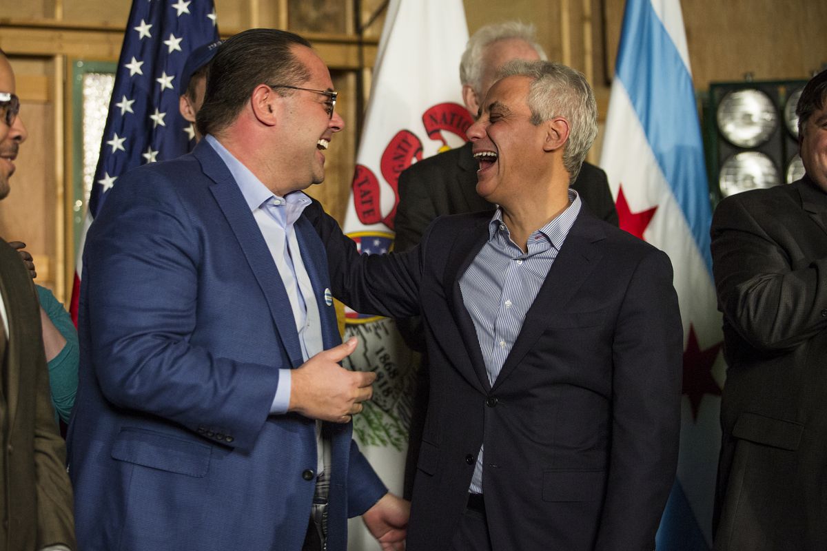 Cinespace Chicago Film Studio president Alexander S. “Alex” Pissios shares a laugh with Mayor Rahm Emanuel at a news conference at the studio last February.