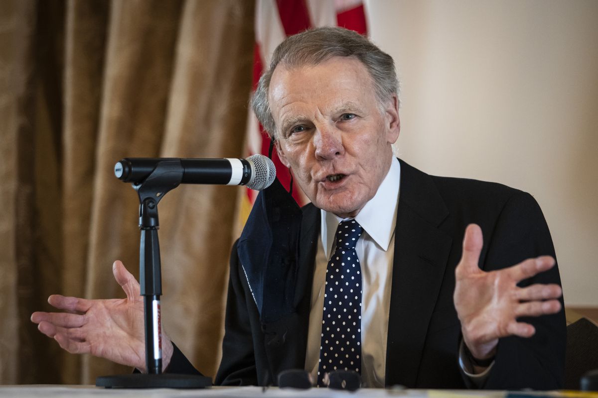 Illinois’ former Speaker of the House Mike Madigan speaks during a committee hearing on the Southwest Side to decide who will take over as state representative in the 22nd House District.  Madigan resigned on Feb. 18, effective immediately. A federal indictment last summer accused ComEd leadership of bribing Madigan associates in exchange for passing legislation that was beneficial to the state’s largest electricity utility company.