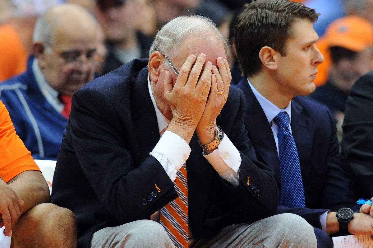 This is a picture of Jim Boeheim during a game that Syracuse won by 33 points.