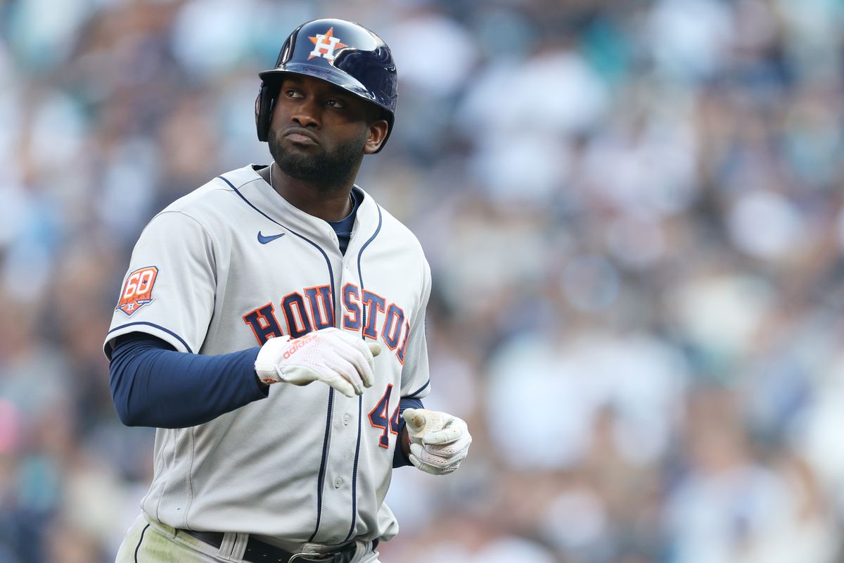 Yordan Alvarez of the Houston Astros looks on after flying out during the sixth inning against the Seattle Mariners in game three of the American League Division Series at T-Mobile Park on October 15, 2022 in Seattle, Washington.