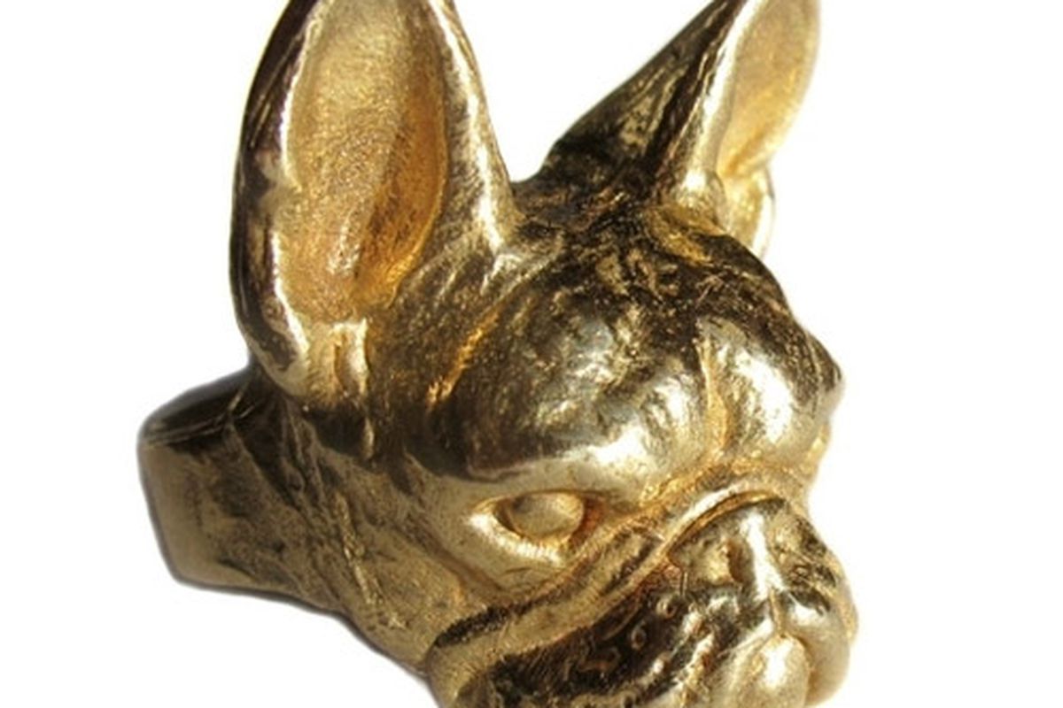 VeraMeat's French bulldog <a href="http://www.verameat.com/collections/new/products/hi-im-french">ring</a> in gold brass, $170