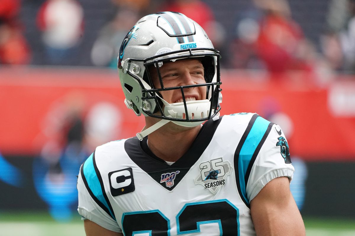 Carolina Panthers running back Christian McCaffrey reacts before an NFL International Series game against the Tampa Bay Buccaneers at Tottenham Hotspur Stadium.