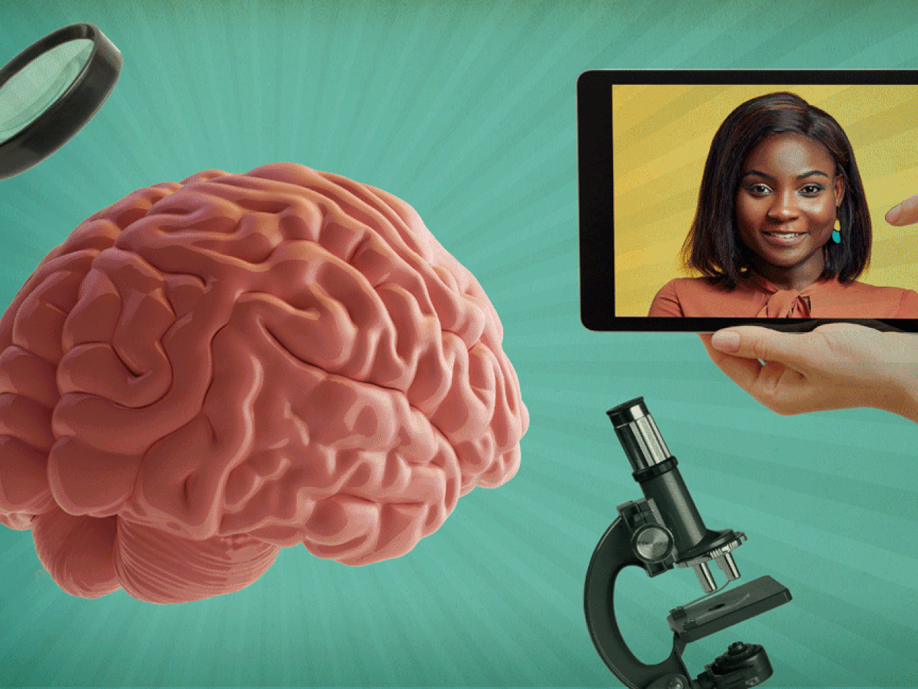 An animated gif shows a brain in the foreground. A magnifying lens hovers over it while a microscope sits underneath and to the side. Hands holding a tablet device appear to scroll through images of peoples’ faces. 