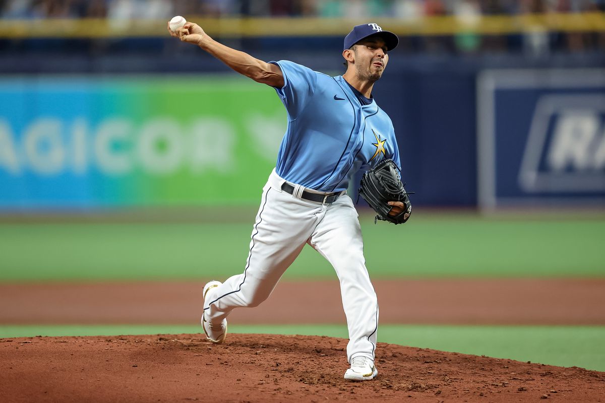 Javy Guerra #25 of the Tampa Bay Rays throws against the Boston Red Sox during the third inning in a baseball game at Tropicana Field on April 23, 2022 in St. Petersburg, Florida.