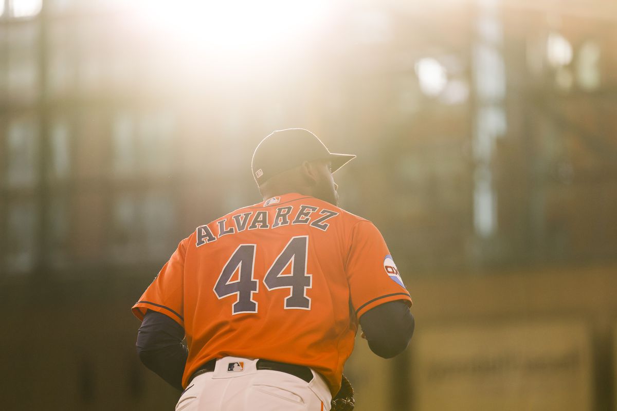 Yordan Alvarez of the Houston Astros takes the field during the second inning against the Philadelphia Phillies at Minute Maid Park on April 30, 2023 in Houston, Texas.