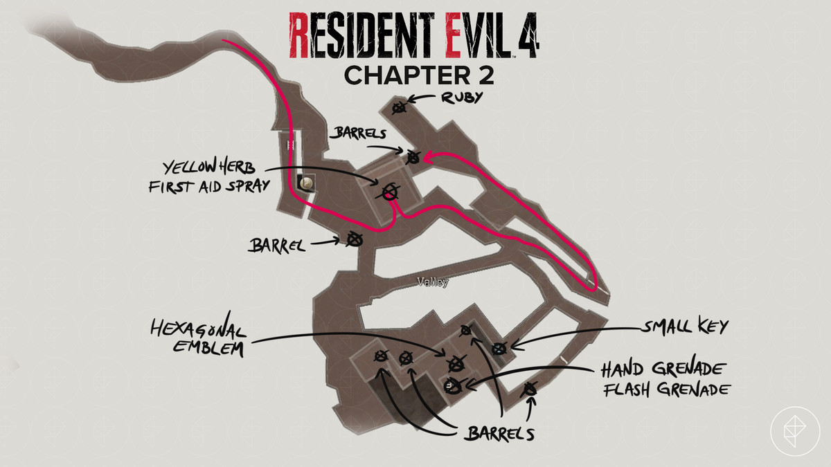 Resident Evil 4&nbsp;remake&nbsp;map with a path and items found in the Valley