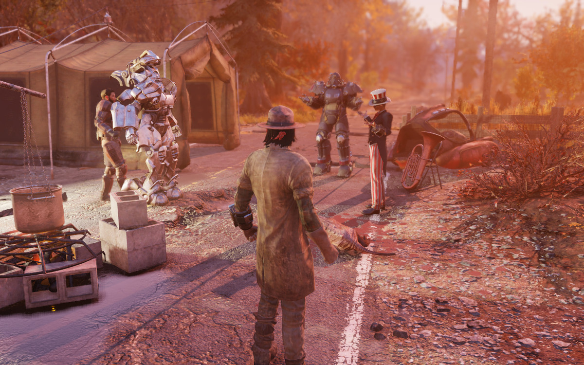 Characters outside a shop in Fallout 76.