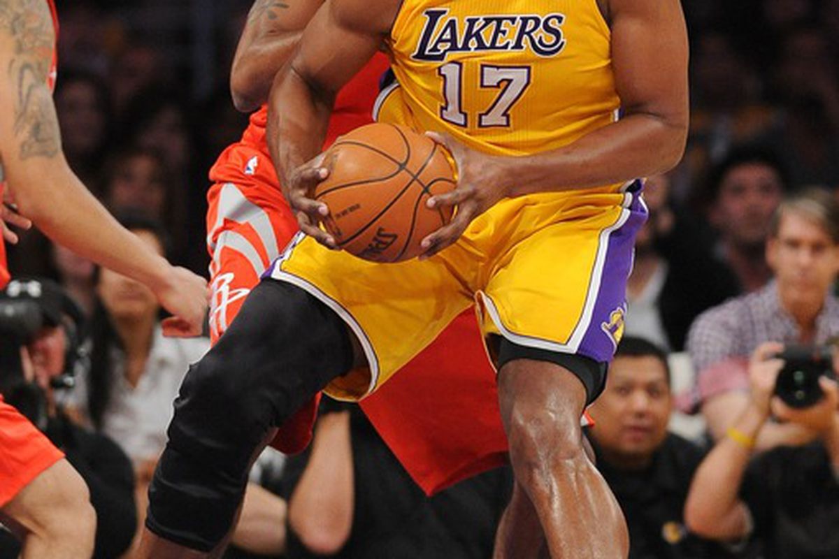 April 6, 2012; Los Angeles, CA, USA;    Los Angeles Lakers center Andrew Bynum (17) during the first half of the game against the Houston Rockets at the Staples Center. Mandatory Credit: Jayne Kamin-Oncea-US PRESSWIRE