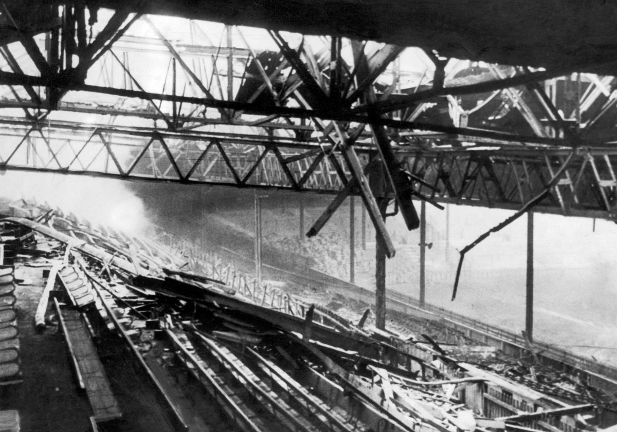 Bomb damaged Old Trafford, home ground of Manchester United Football Club, pictured shortly after Second World War, 1945
