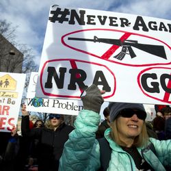Becky Barger of Cornelius N.C. holds a banner during the "March for Our Lives" rally in support of gun control in Washington, Saturday, March 24, 2018, on Pennsylvania Avenue near the U.S. Capitol. (AP Photo/Jose Luis Magana)