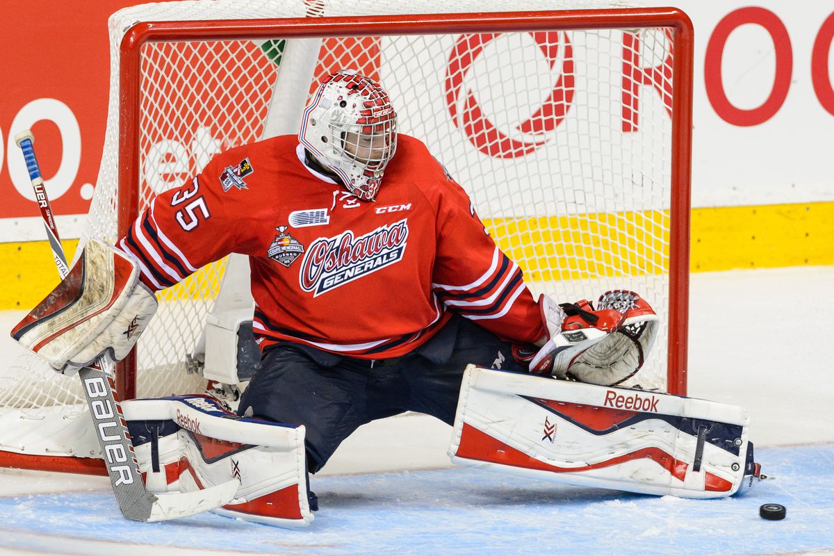  Ken Appleby #35 of the Oshawa Generals makes a pad save during the 2015 Memorial Cup Championship against the Kelowna Rockets at the Pepsi Coliseum on May 31, 2015 in Quebec City, Quebec, Canada. The Oshawa Generals defeated the Kelowna Rockets 2-1 