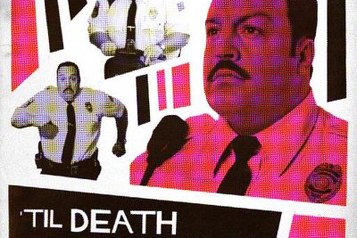 A collage of three Paul Blart images on a white background. The foremost Paul Blart is colored pink and maroon to match the alternating pink and maroon stripes in the background. At the bottom of the image it says “Til’ Death Do Us Blart”.