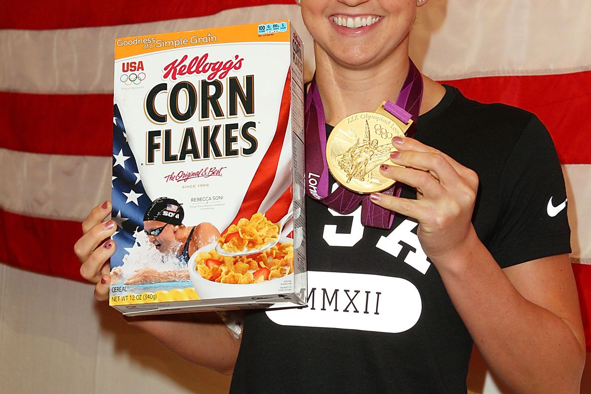 LONDON, ENGLAND - AUGUST 04:  Rebecca Soni receives her Kellogg's Box at the USOC on August 4, 2012 in London, England.  (Photo by Joe Scarnici/Getty Images for USOC)