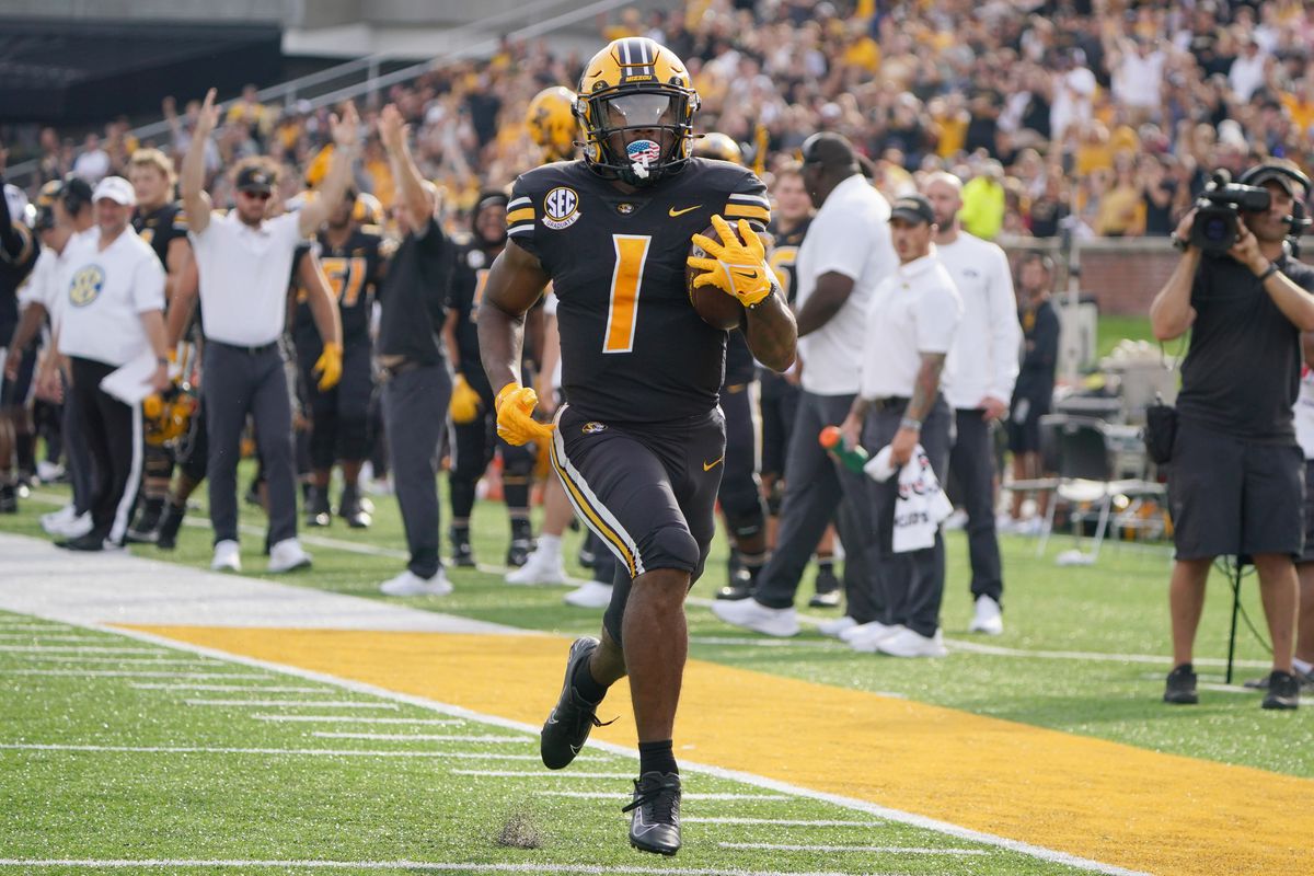Missouri Tigers running back Tyler Badie (1) scores a touchdown against the North Texas Mean Green during the first half at Faurot Field at Memorial Stadium.&nbsp;