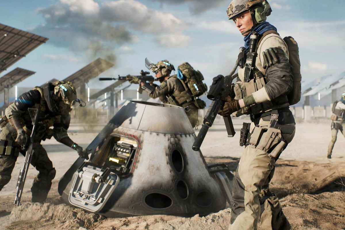 A squad secures supplies in Hazard mode in Battlefield 2042.