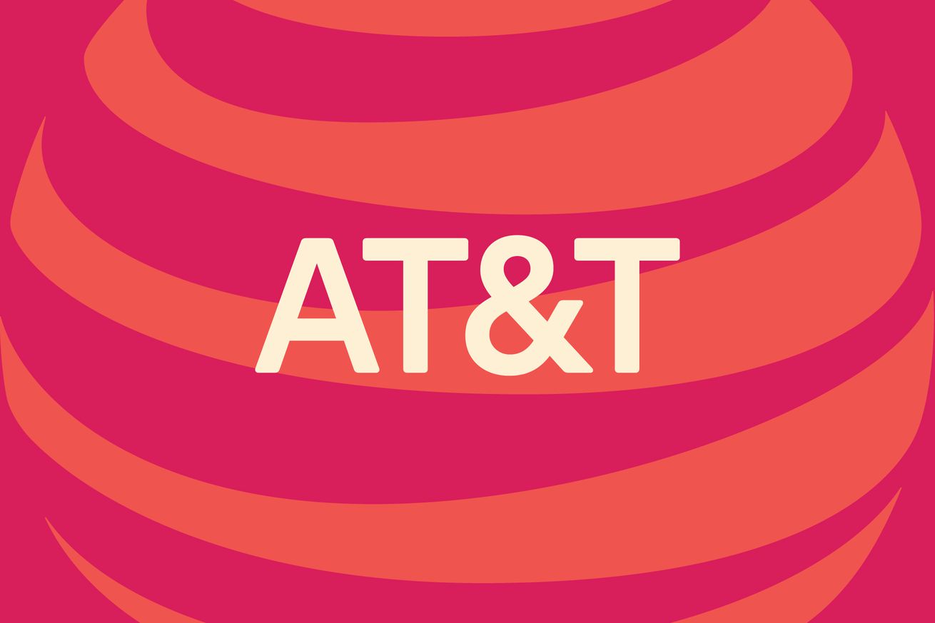 AT&amp;T logo with illustrated red and orange background.
